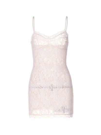 White Vintage Hollow Strap Lace See Through Mini Dress