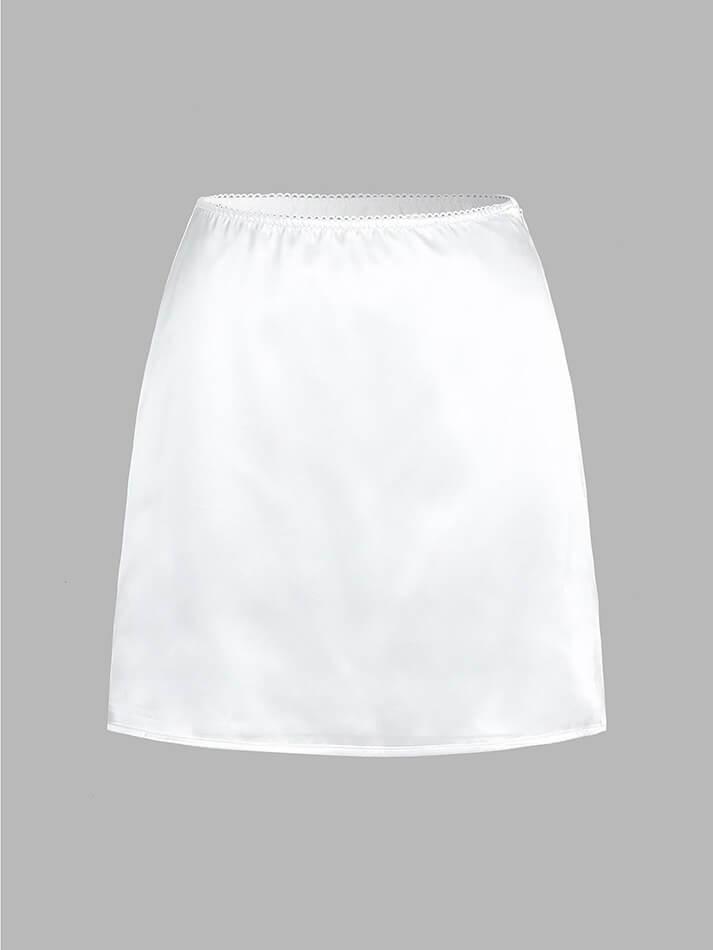 White French Lace Trim Satin Skirt Set