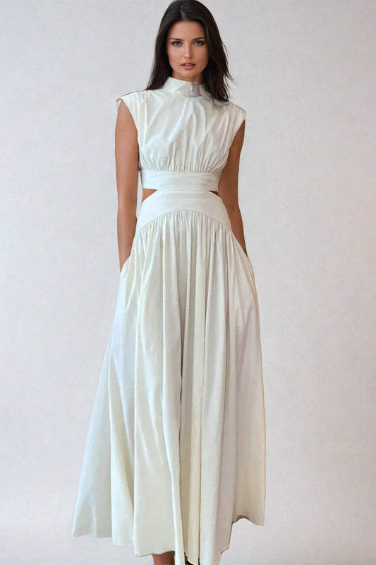 Solid Color Vintage Mock Neck Cut Out Pleated Maxi Dress