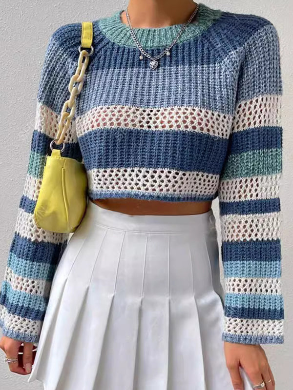 Blue 2000s Stripe Print Oversized Sweaters