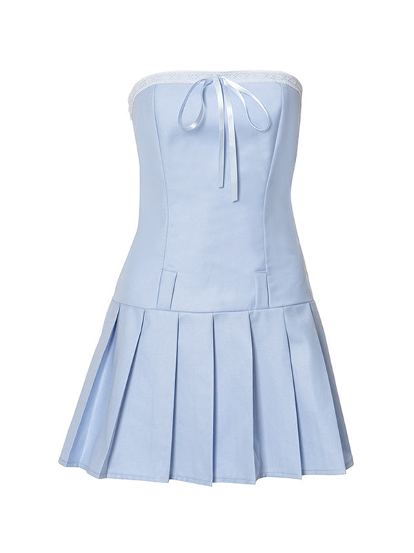 JY blauwe Y2K mouwloze mini-jurk met kanten strik