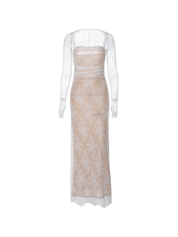 Robe longue slim sirène en dentelle blanche vintage avec smock