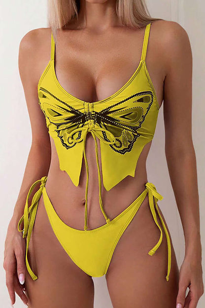 Y2K Butterfly Pattern Lace Up Bikini Set