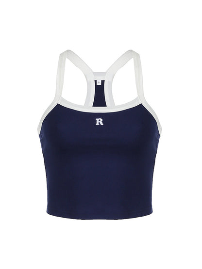 Navy Blue Retro Letter Embroidery Slim Fit Cami Top