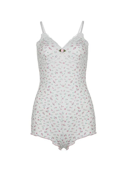 Witte zoete ditsy bloemenprint kanten rand mouwloze jumpsuit met V-hals