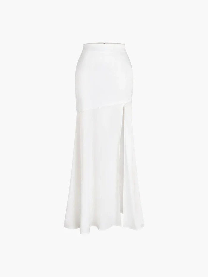 White French Satin Patchwork Split Maxi Skirt