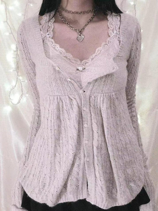 Cardigan beige en maille pointelle vintage à col carré