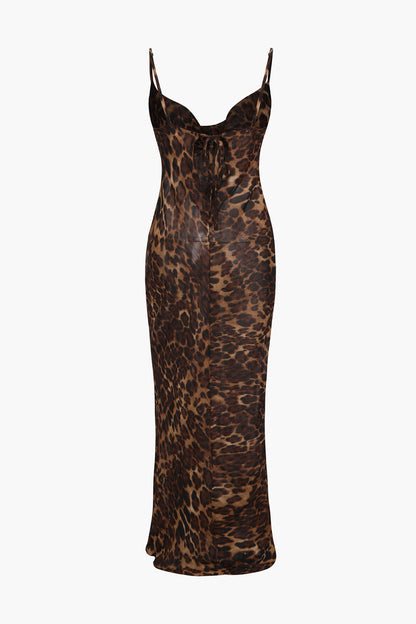 Vintage Leopard Print Draped Slim Maxi Dress