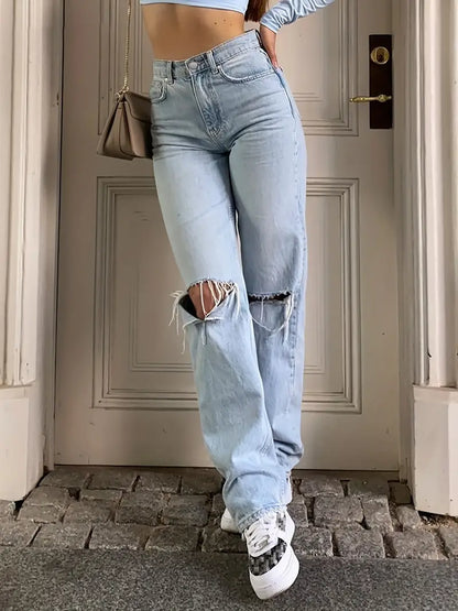 Lichtblauwe boyfriend jeans uit de jaren 2000 met gescheurd ontwerp