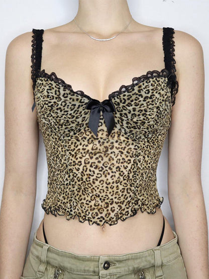 Vintage Bow Lace Splice Cami Top with Leopard Print