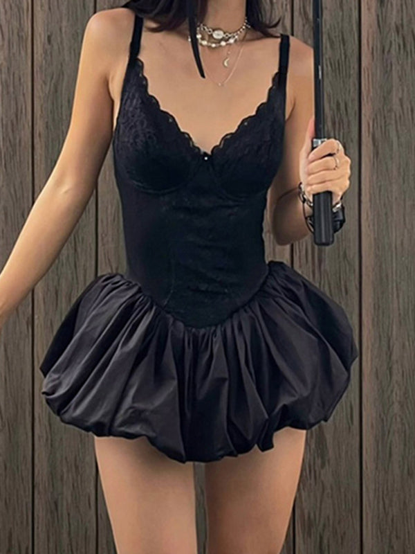 Black Y2k Lace Stitching V Neck Mini Dresses