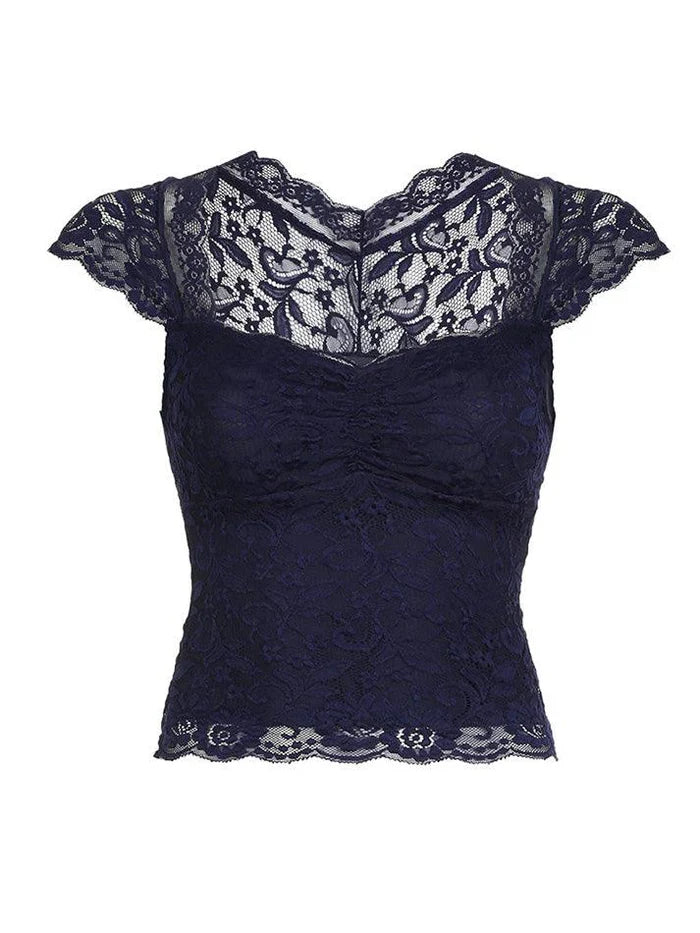 Navy Blue Vintage Lace Slim Short Sleeve Tee