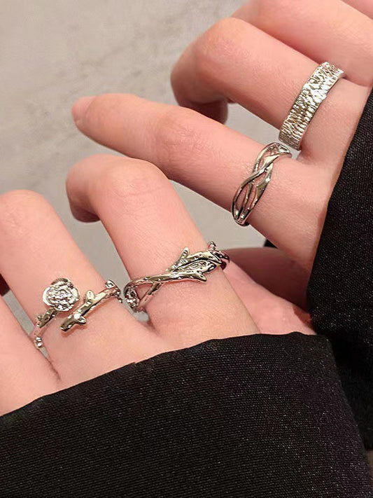 Silver Vintage 4pcs Thorn Rose Vine Cuff Ring Set