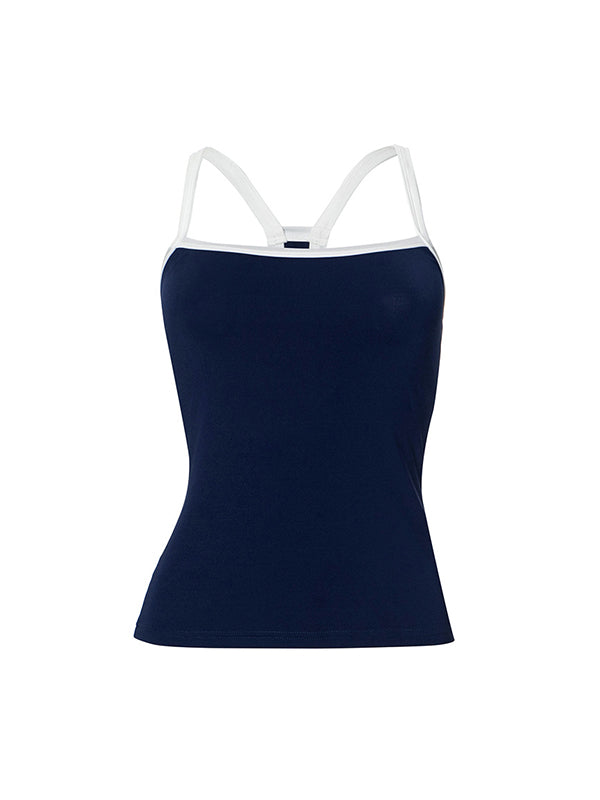 Marineblauwe vintage tanktop met vierkante hals 