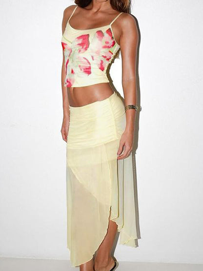 Yellow Y2k American Floral Print Two Piece