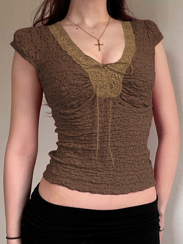 Brown Vintage Lace Patchwork Short Sleeve Tee