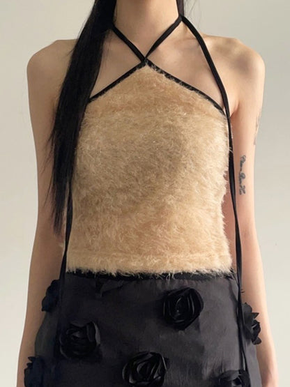 Solid Color Y2k Backless Irregular Fur Halter Vest