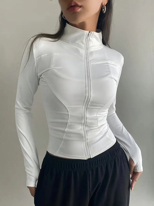 White Retro Zipper Stand Collar Long Sleeve Top