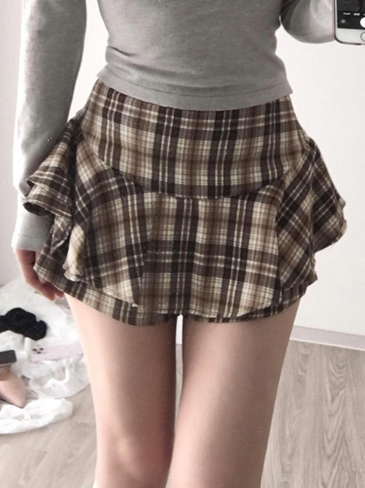 Brown Vintage Contrast Plaid Mini Skirts