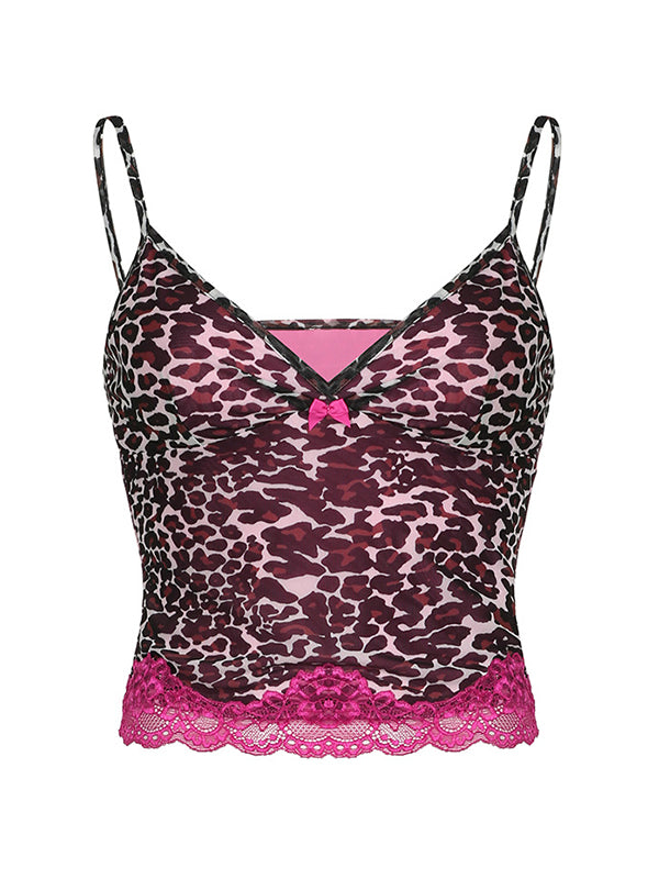 Roze Y2K cami-top met kanten stiksels en luipaardprint