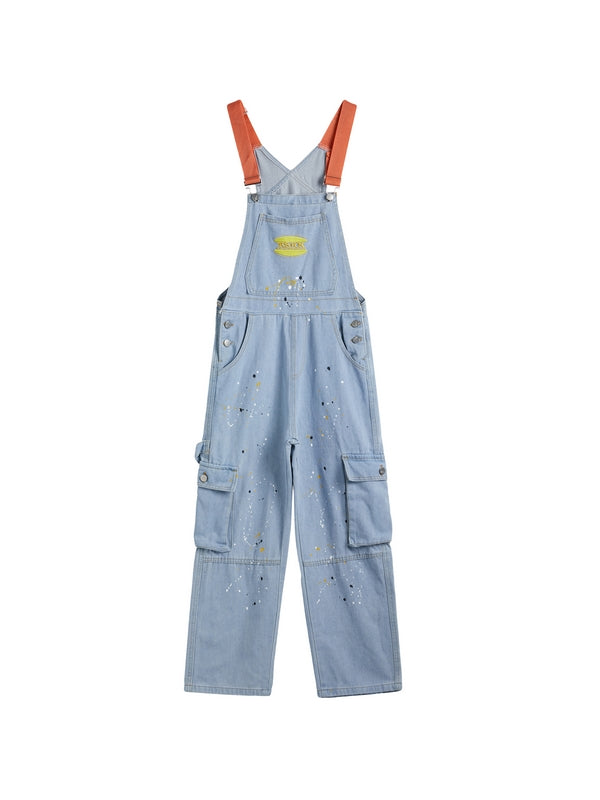 Blue Vintage Big Pocket Splash Ink Print Overalls