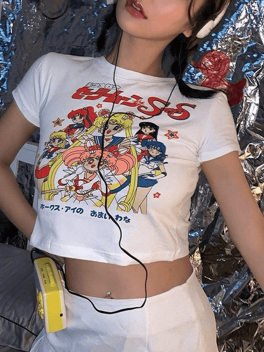 White Y2K Anime Graphic Crop Top