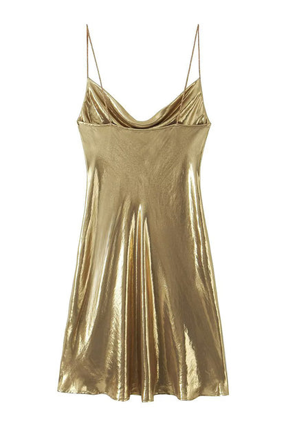 Y2k Metallic Slip Mini Jurk met Kaphals