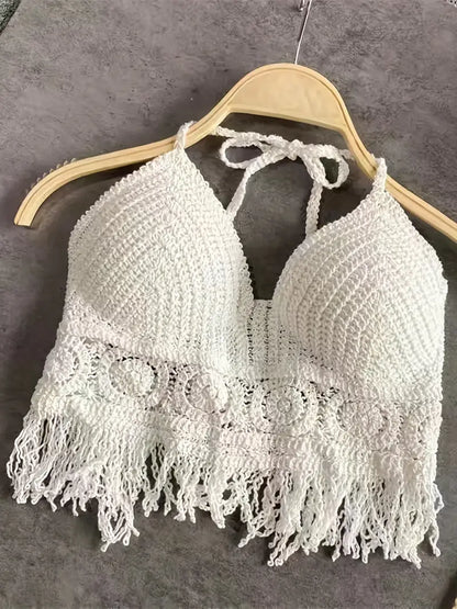 Crochet Hollow Out Fringe Backless Halter Crop Top