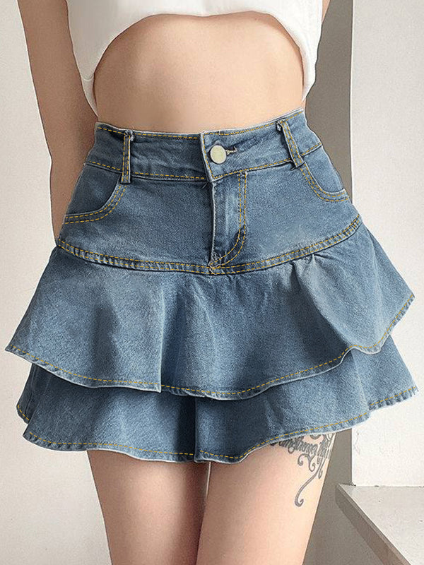 Blauwe vintage hoge opkomst gelaagde denim minirok