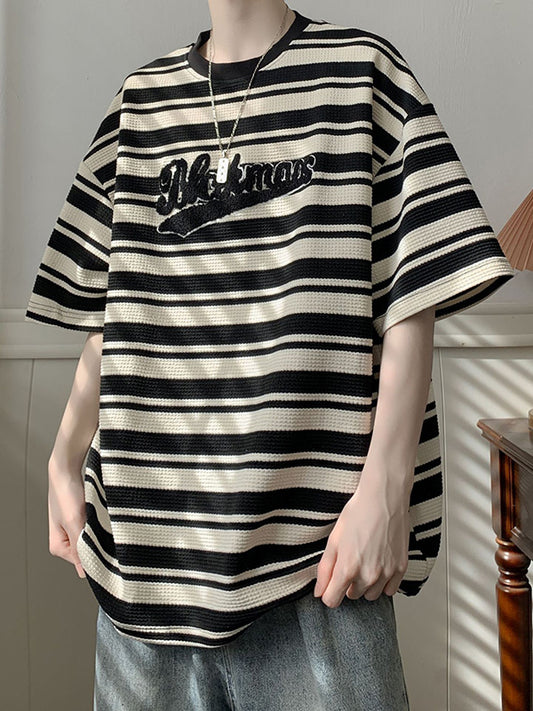 Vintage Men's Striped Print Oversized Short Sleeve Tee