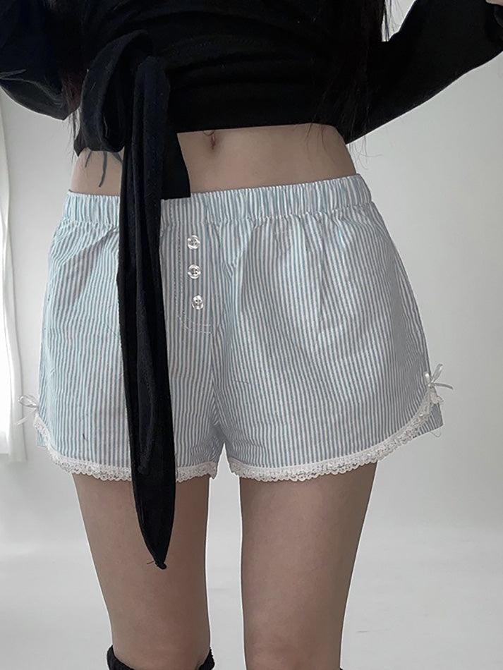 Blue Bow Lace Patchwork Striped Shorts