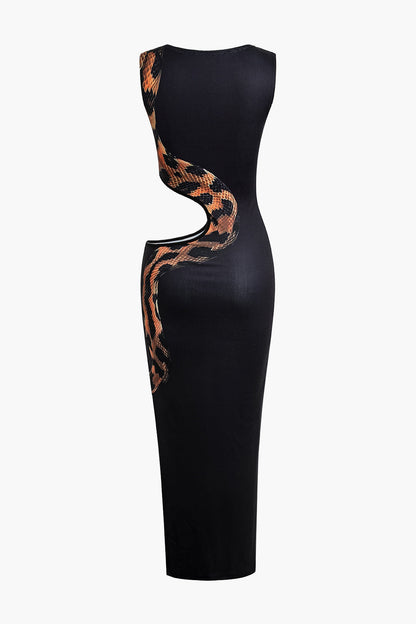 Black Snake Print Cut Out Sleeveless Slit Maxi Dress