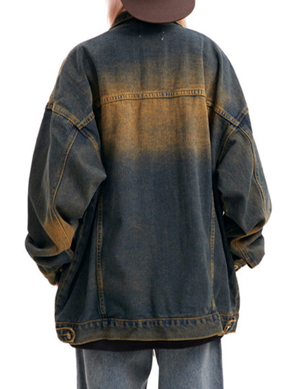 Vintage Blue Ombre Washed Loose Denim Jacket