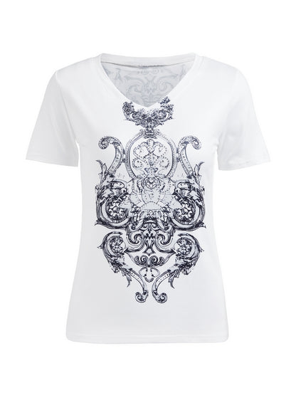 White Vintage Gothic Rhinestone Print Short Sleeve Tee