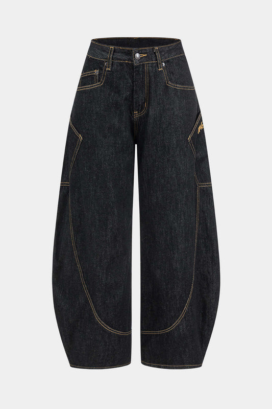 Solid Color Vintage Washed Wide Leg Barrel Jeans