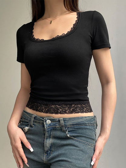 Square Neck Short Sleeve Crop Top with Lace Trim Splice