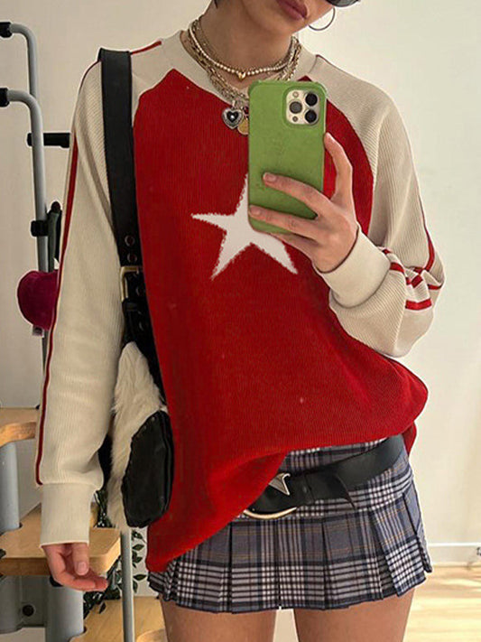 Red Contrast Color Vintage Oversized Star Raglan Sweater