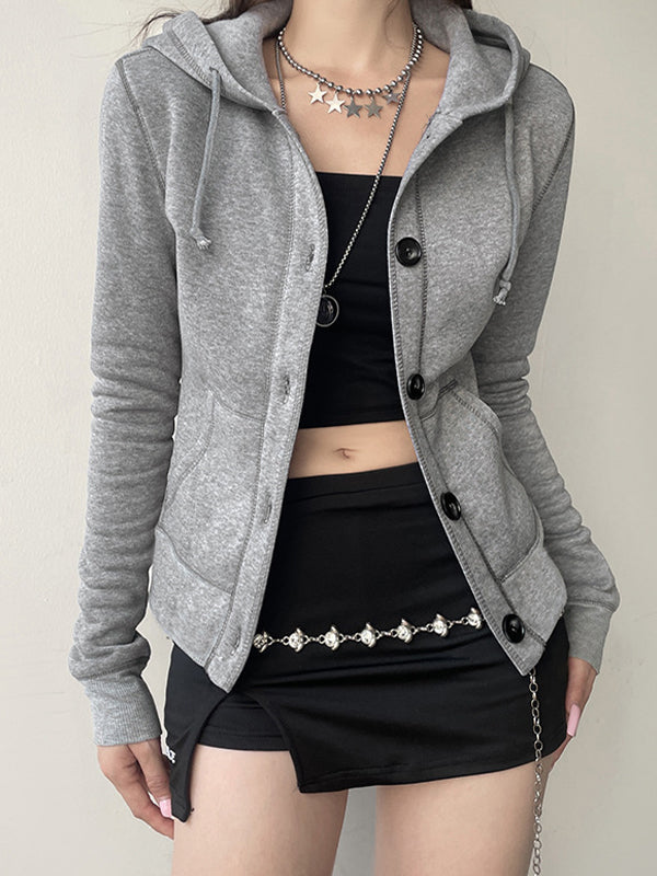 Gray Vintage Simple Style Buttoned Drawstring Hooded Jacket