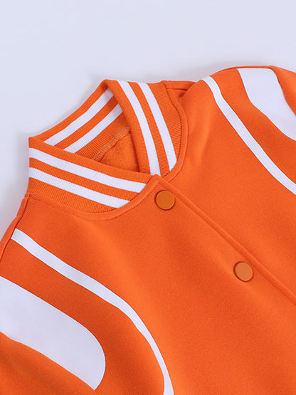 Orange Contrast Color Crop Varsity Jacket with Collar Neck