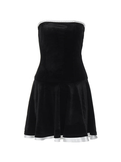Black Vintage Velvet Splice Pleated Bandeau Mini Dress