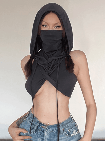 Black Grunge Bandana Design Hooded Cropped Tank Top