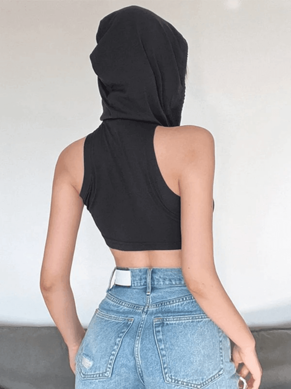 Black Grunge Bandana Design Hooded Cropped Tank Top