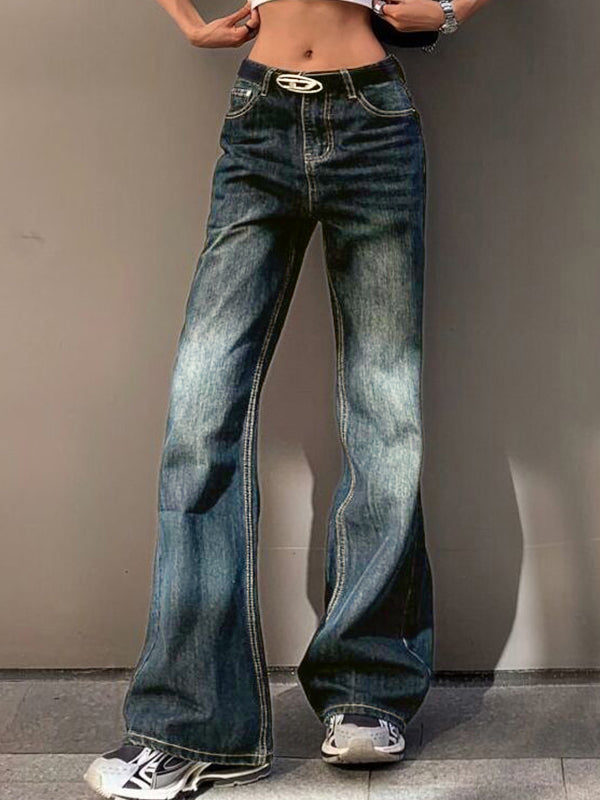 Dark Vintage Washed Distressed Boyfriend Flare Jeans