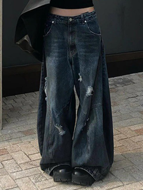 Blauwe Retro Versleten Vuil Geverfde Wijde Broek Boyfriend Jeans