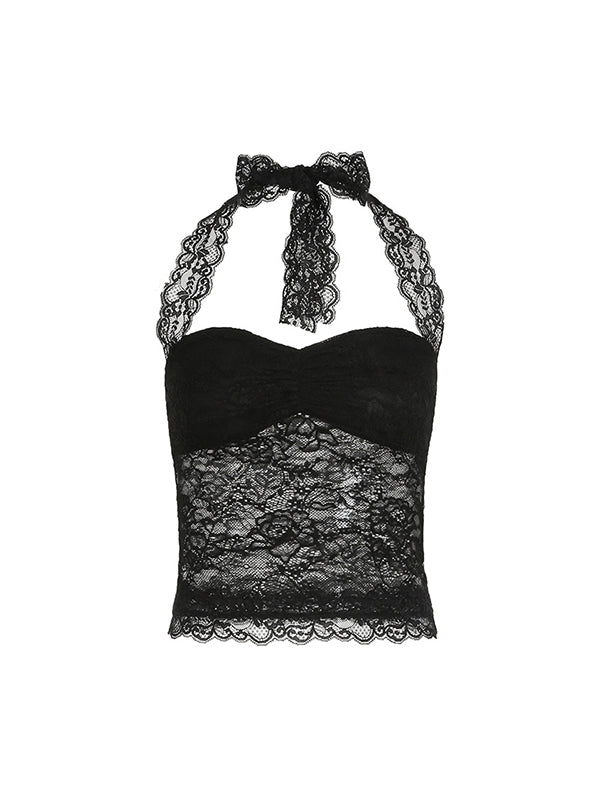 Black Y2k Neck Tie Lace Tank Top