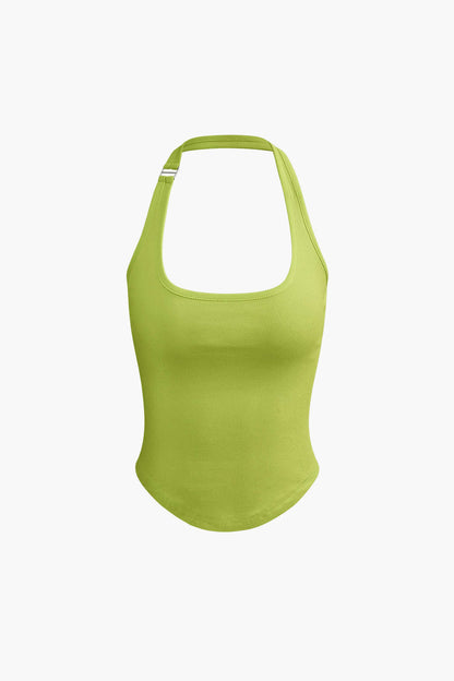 Solid Color Y2K Halter Curved Hem Tank Top