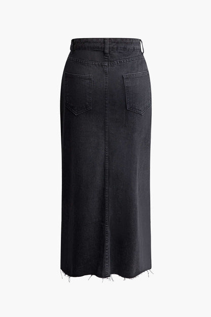 Denim midi-rok met wikkelsplit en label