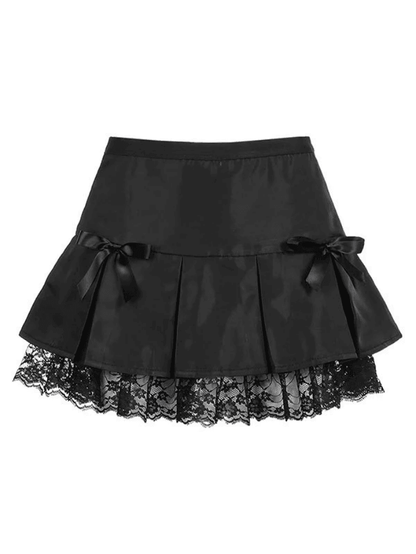 Black Y2k Bow Lace Paneled Pleated Mini Skirt