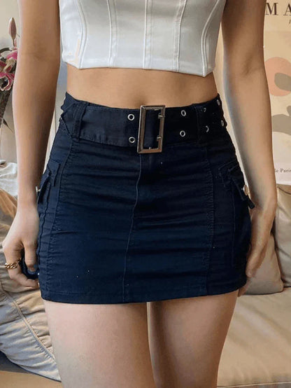 Black Vintage Buckle Belt Denim Cargo Mini Skirt