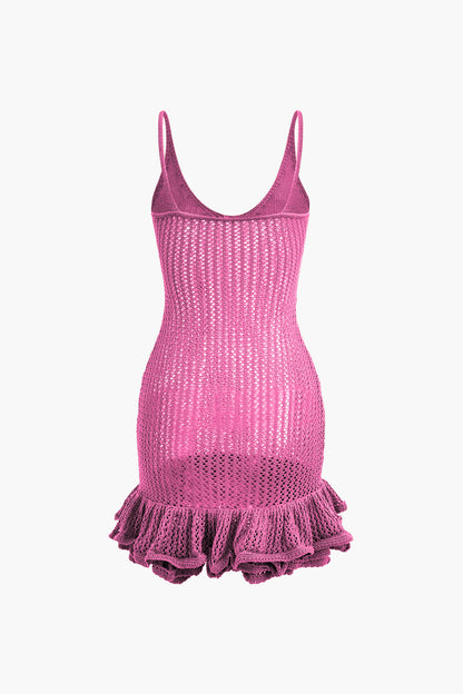 Effen kleur open gebreide cami mini-jurk met ruches en zoom